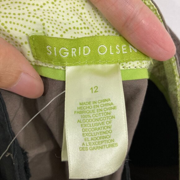 New Sigrid Olsen size 12 Brown Cotton Belted Rolled Hem Capri Pants - Picture 2 of 11